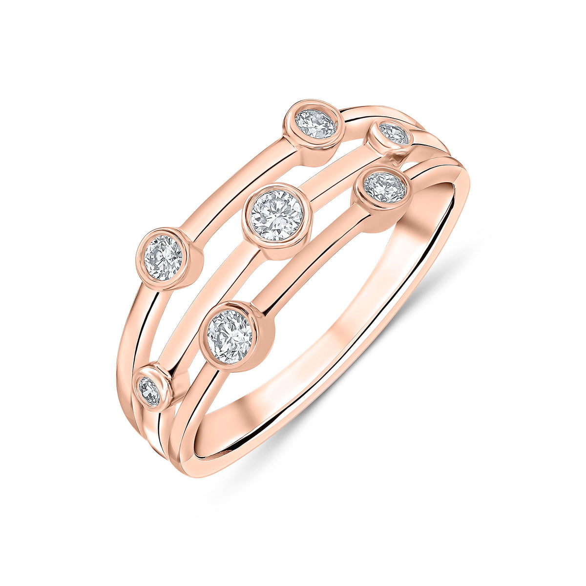 9CT ROSE GOLD ROUND DIAMOND 3 ROW BUBBLE RING. 0.25CT TOTAL