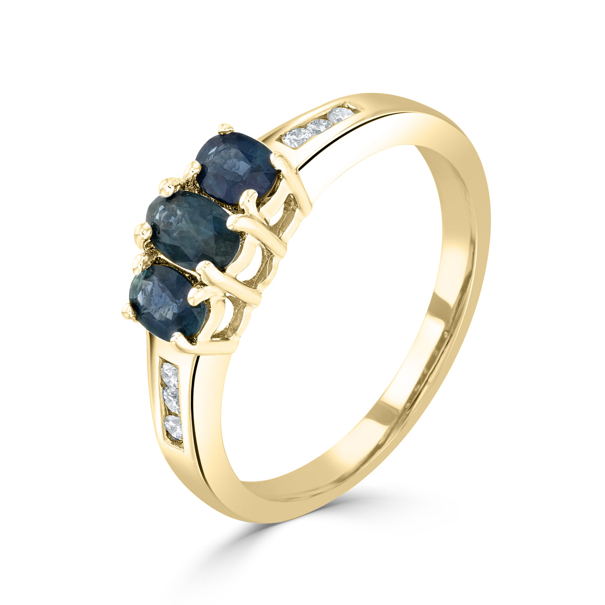 9CT YG OVAL SAPPHIRE CLAW SET 3 STONE & CHANNEL SET DIAMOND RING