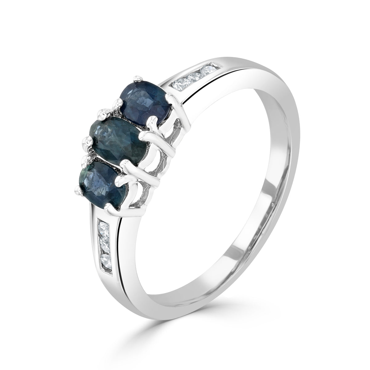 9CT WG CLAW SET OVAL SAPPHIRE 3ST RING WITH CHANNEL SET DIAMOND SHOULDERS
