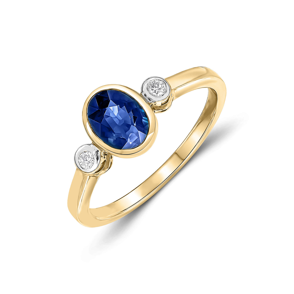 9CT YG 7X5 OVAL SAPPHIRE & ROUND DIAMOND 3ST RUBOVER RING. RHODIUM TO DIAMONDS