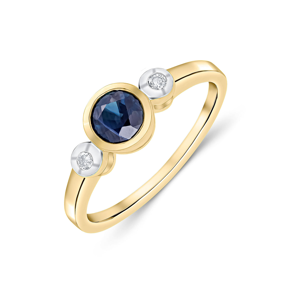 9CT YG 5MM ROUND SAPPHIRE AND ROUND DIAMOND 3ST RUBOVER RING. RHODIUM TO DIAMONDS