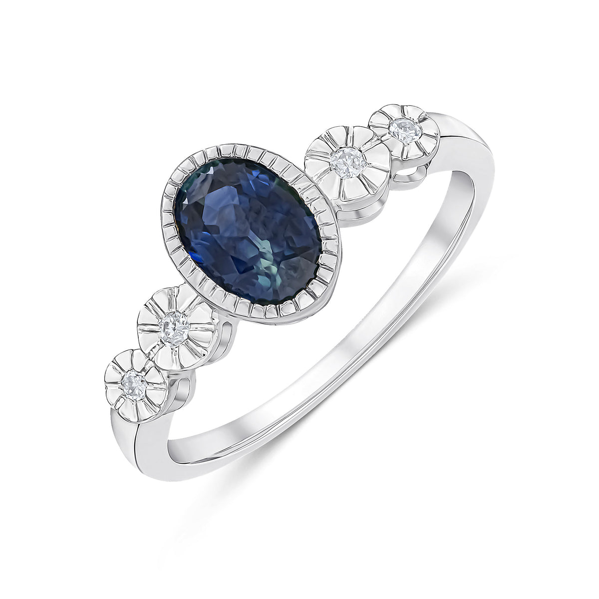 9CT WHITE GOLD MILLEGRAIN OVAL SAPPHIRE AND ILLUSION DIAMOND 4ST SHOULDERS RING