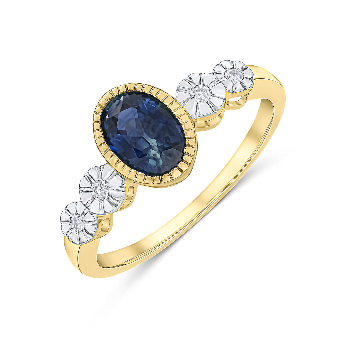 9CT YELLOW GOLD MILLEGRAIN OVAL SAPPHIRE AND ILLUSION DIAMOND 4ST SHOULDERS RING