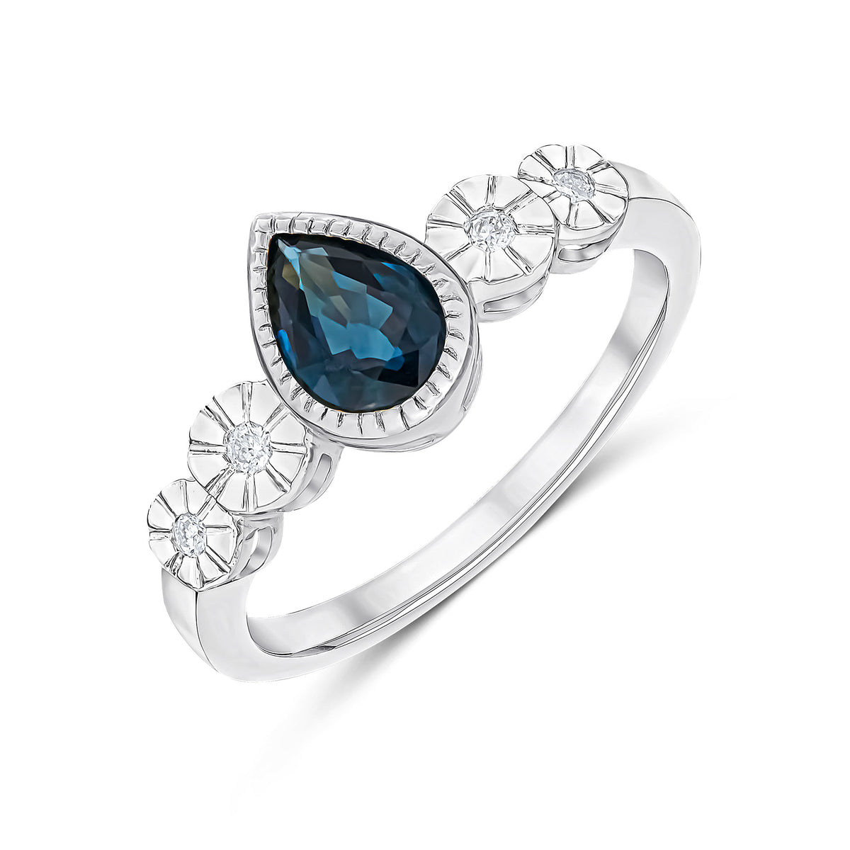 9CT WHITE GOLD MILLEGRAIN PEARSHAPE SAPPHIRE AND ILLUSION DIAMOND 4ST SHOULDERS RING