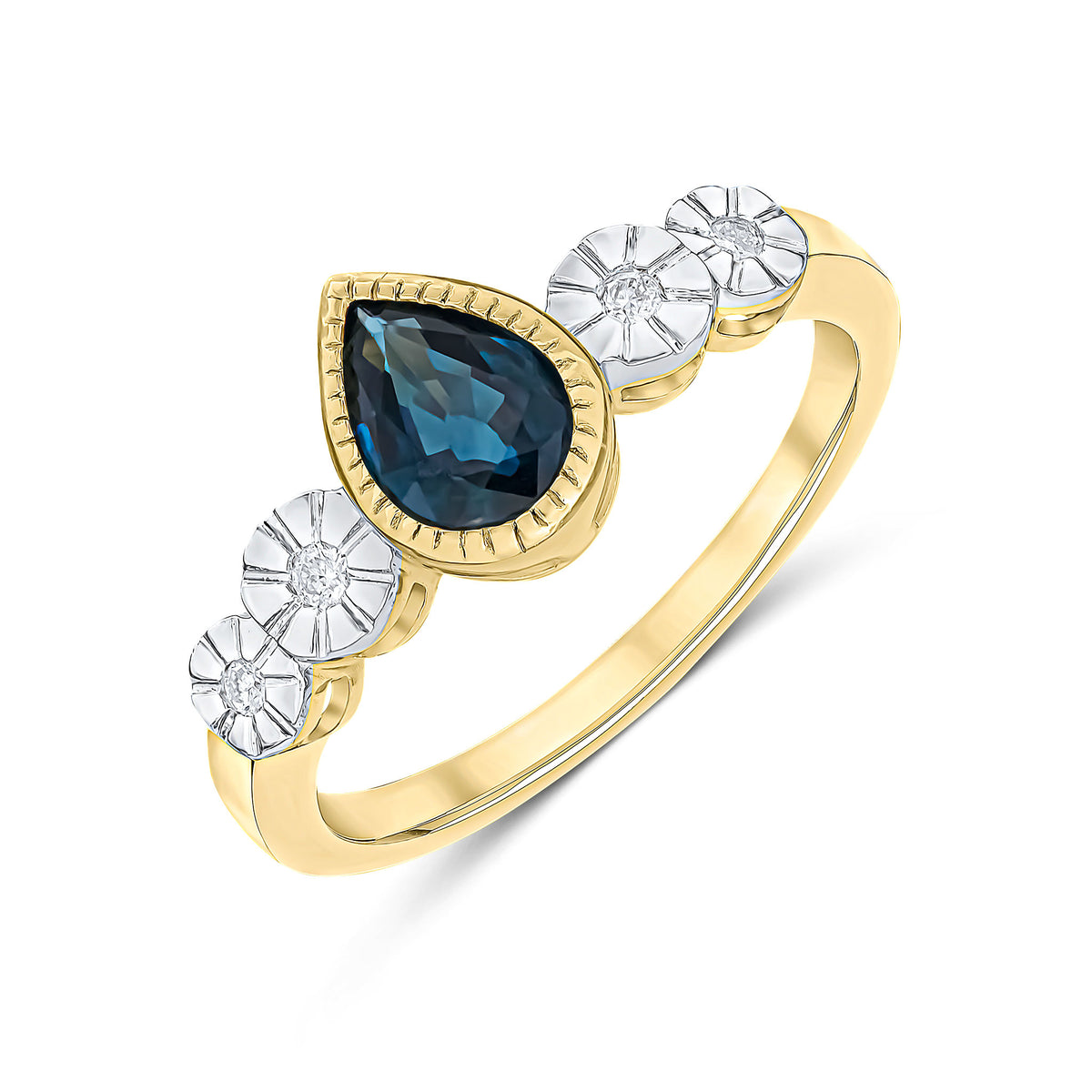 9CT YELLOW GOLD MILLEGRAIN PEARSHAPE SAPPHIRE AND ILLUSION DIAMOND 4ST SHOULDERS RING