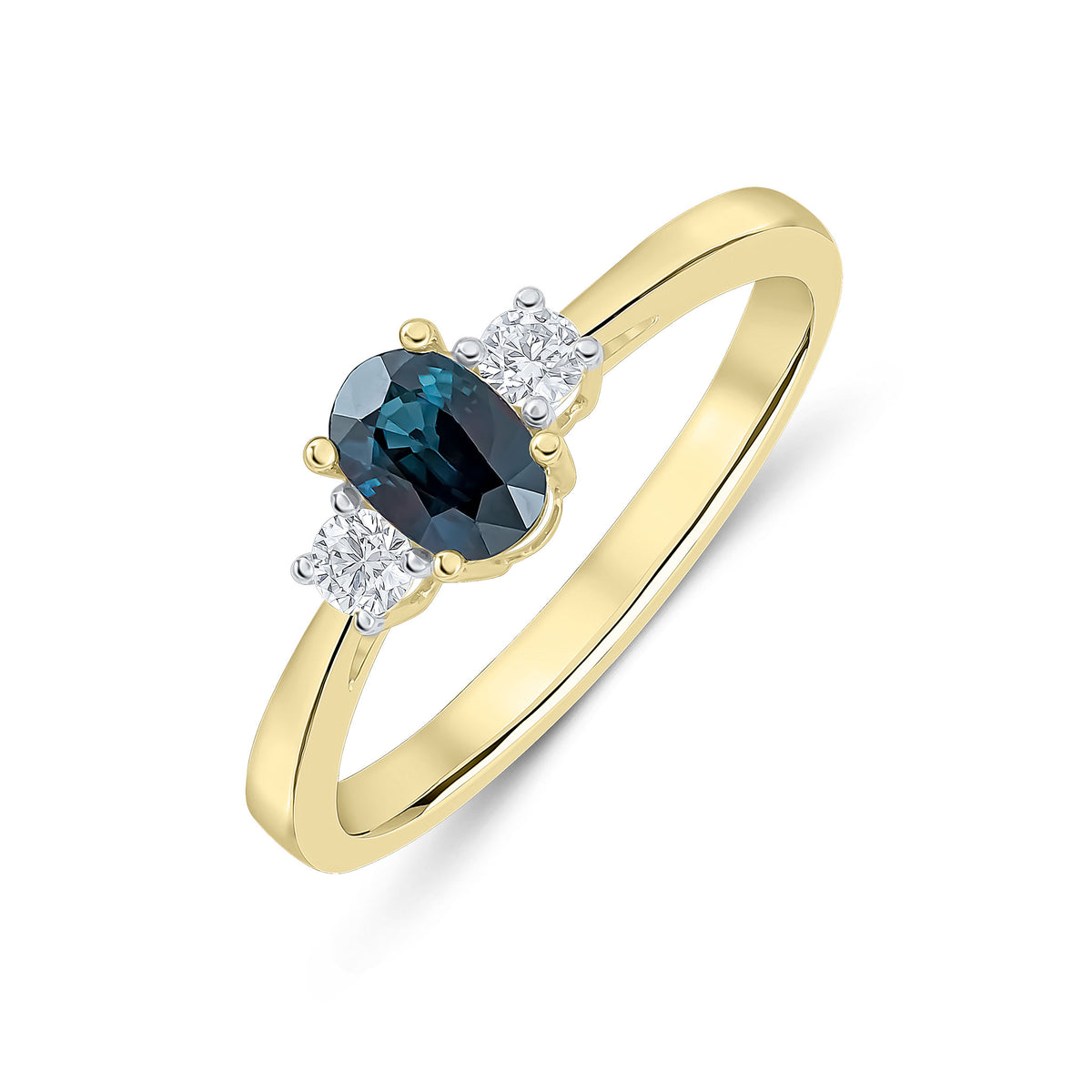 9CT YG 6X4 OVAL SAPPHIRE AND ROUND DIAMOND CLAW SET 3ST RING. RHODIUM TO DIAMONDS