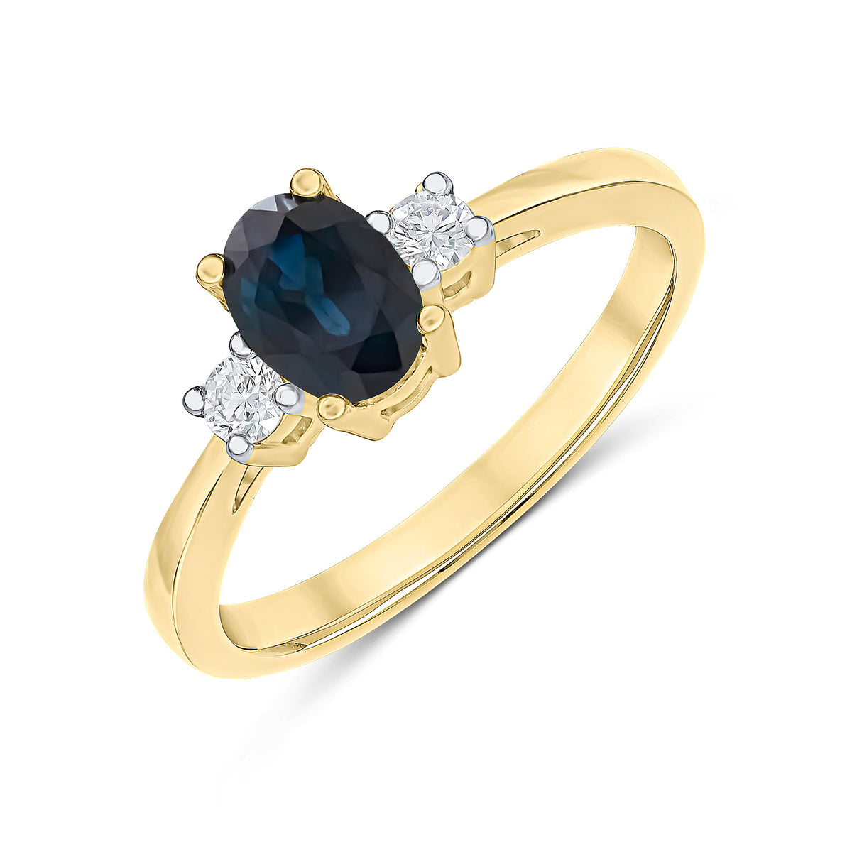 9CT YG 7X5 OVAL SAPPHIRE AND ROUND DIAMOND CLAW SET 3ST RING. RHODIUM TO DIAMONDS