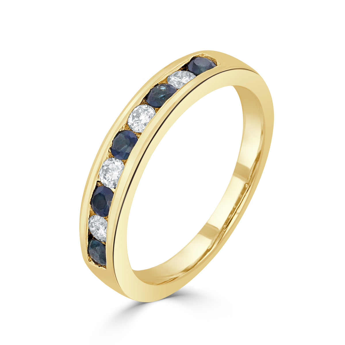 9CT YG ROUND SAPPHIRE & ROUND DIAMOND CHANNEL SET 9ST RING
