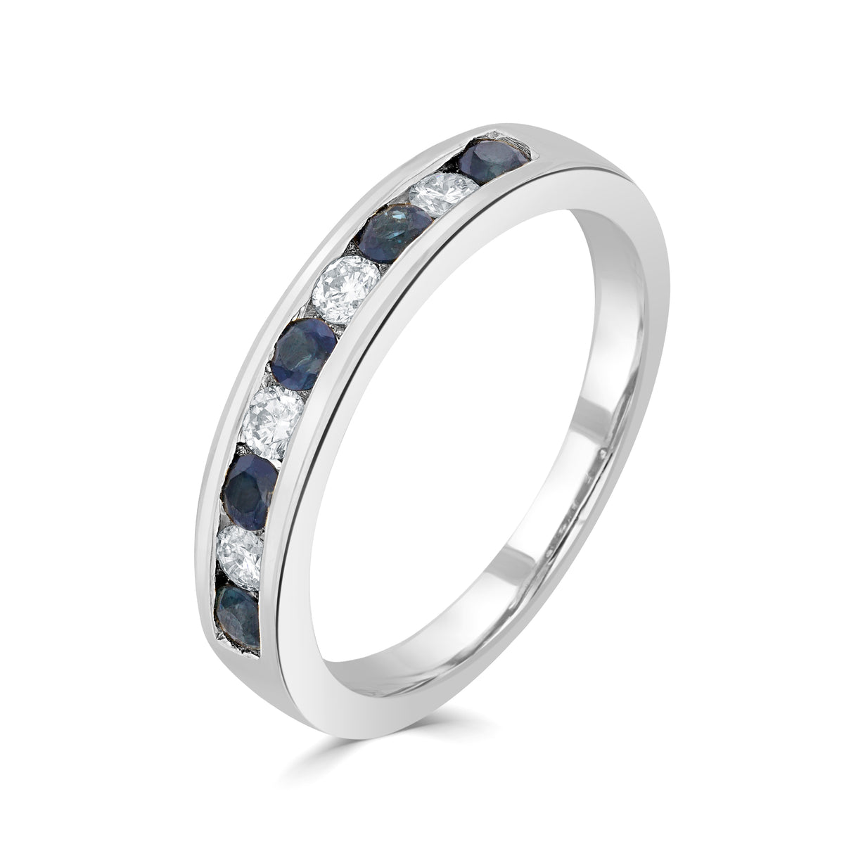 9CT WG ROUND SAPPHIRE & ROUND DIAMOND CHANNEL SET 9ST RING