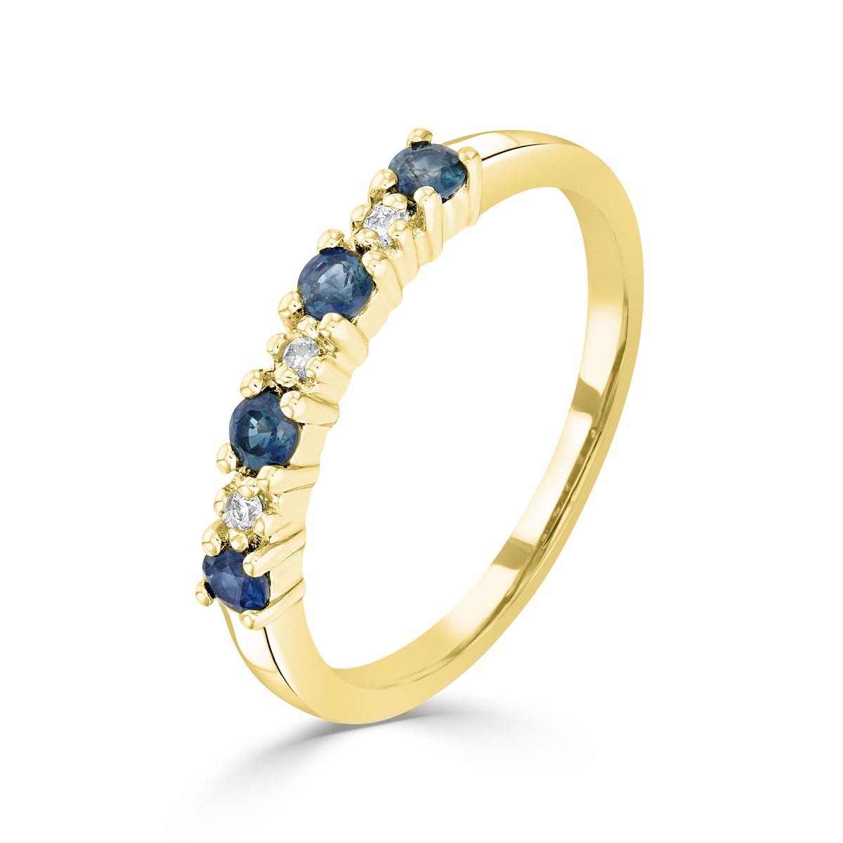 9CT YG ROUND SAPPHIRE AND ROUND DIAMOND CLAW SET 7ST RING