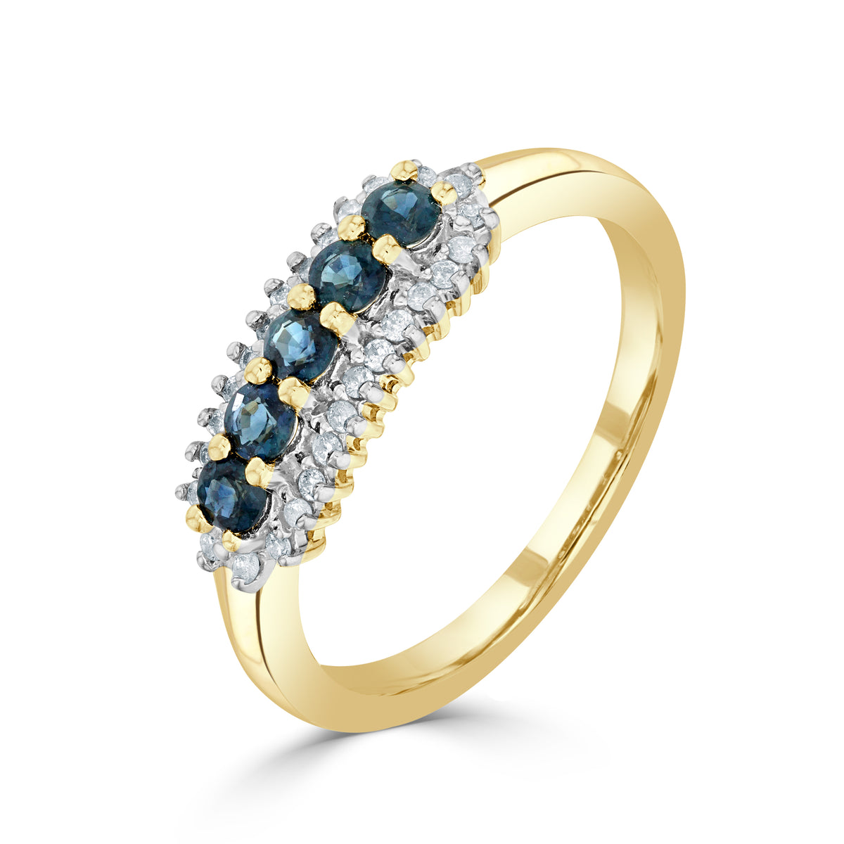9CT YG ROUND SAPPHIRE AND ROUND DIAMOND 3 ROW CLAW SET BAND RING. RHODIUM TO DIAMONDS