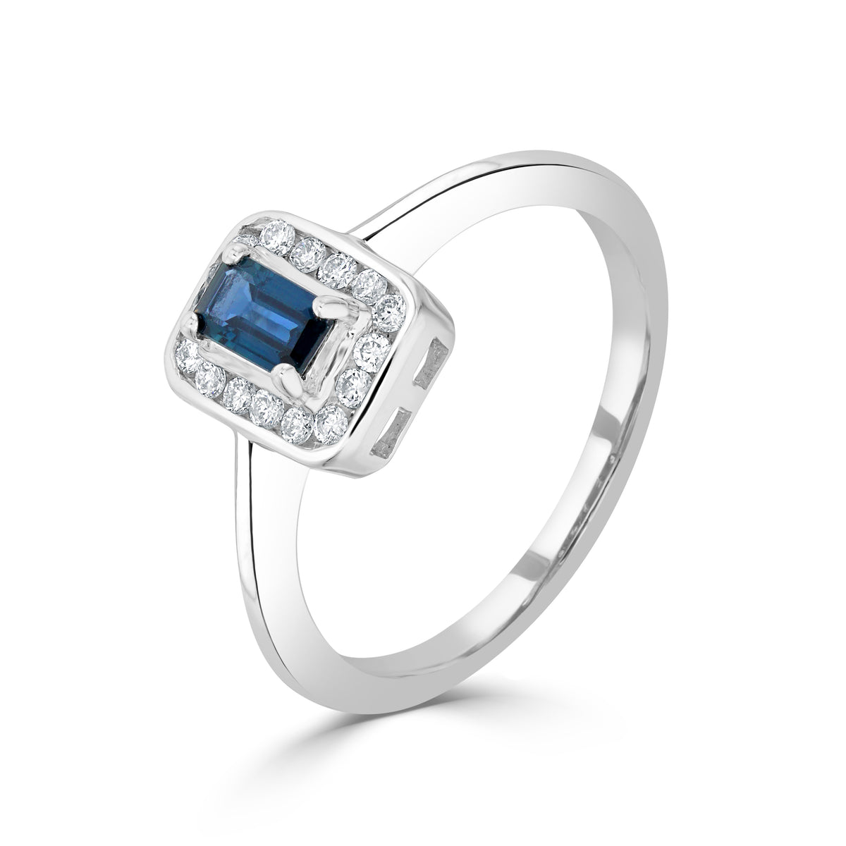 9CT WG CLAW SET 5X3 OCTAGON SAPPHIRE AND CHANNEL SET ROUND DIAMOND CLUSTER RING