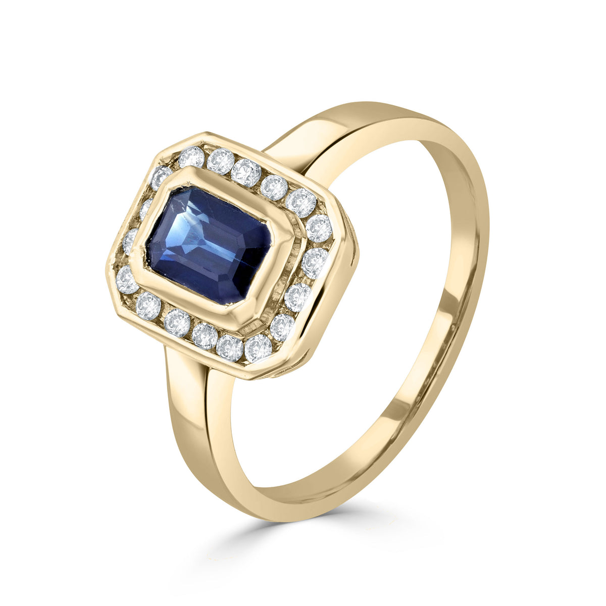 9CT YG RUBOVER 6X4 OCTAGON SAPPHIRE & CHANNEL SET DIAMOND CLUSTER RING