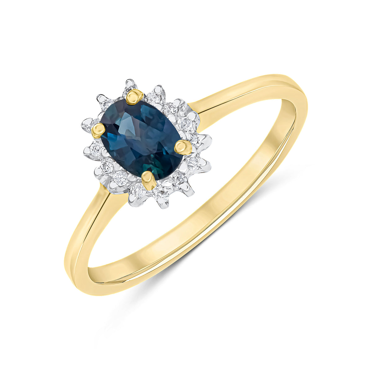 9CT YG 6X4 OVAL SAPPHIRE & DIAMOND CLAW SET CLUSTER RING. RHODIUM TO DIAMONDS