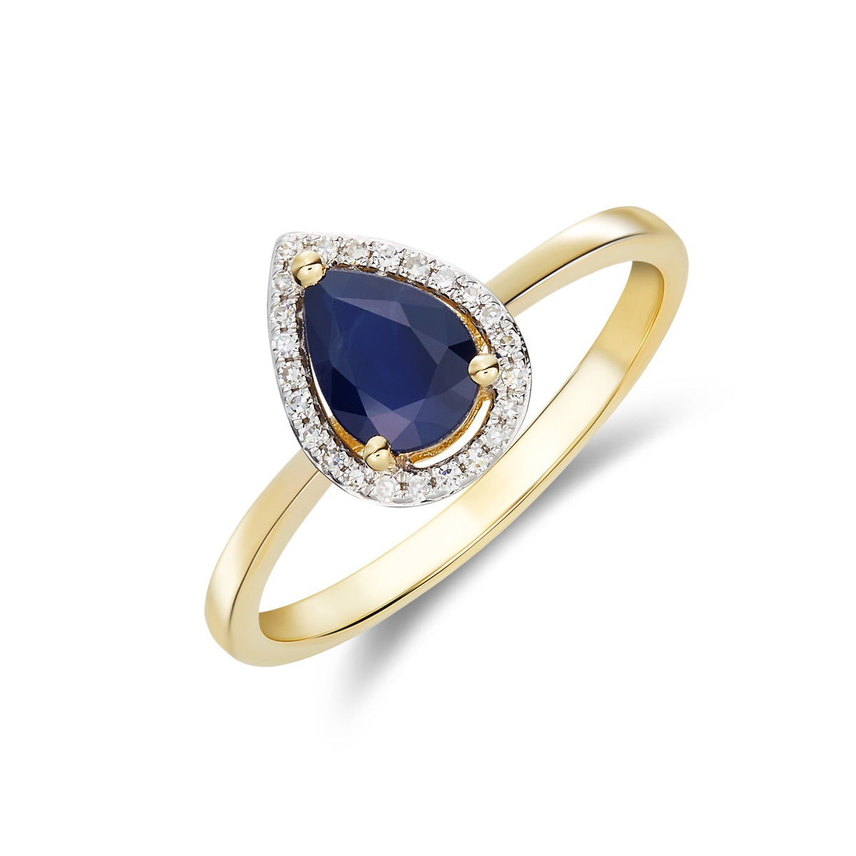 9CT YG 7X5 PEARSHAPE SAPPHIRE & DIAMOND HALO CLAW CLUSTER RING. RHODIUM TO DIAMONDS