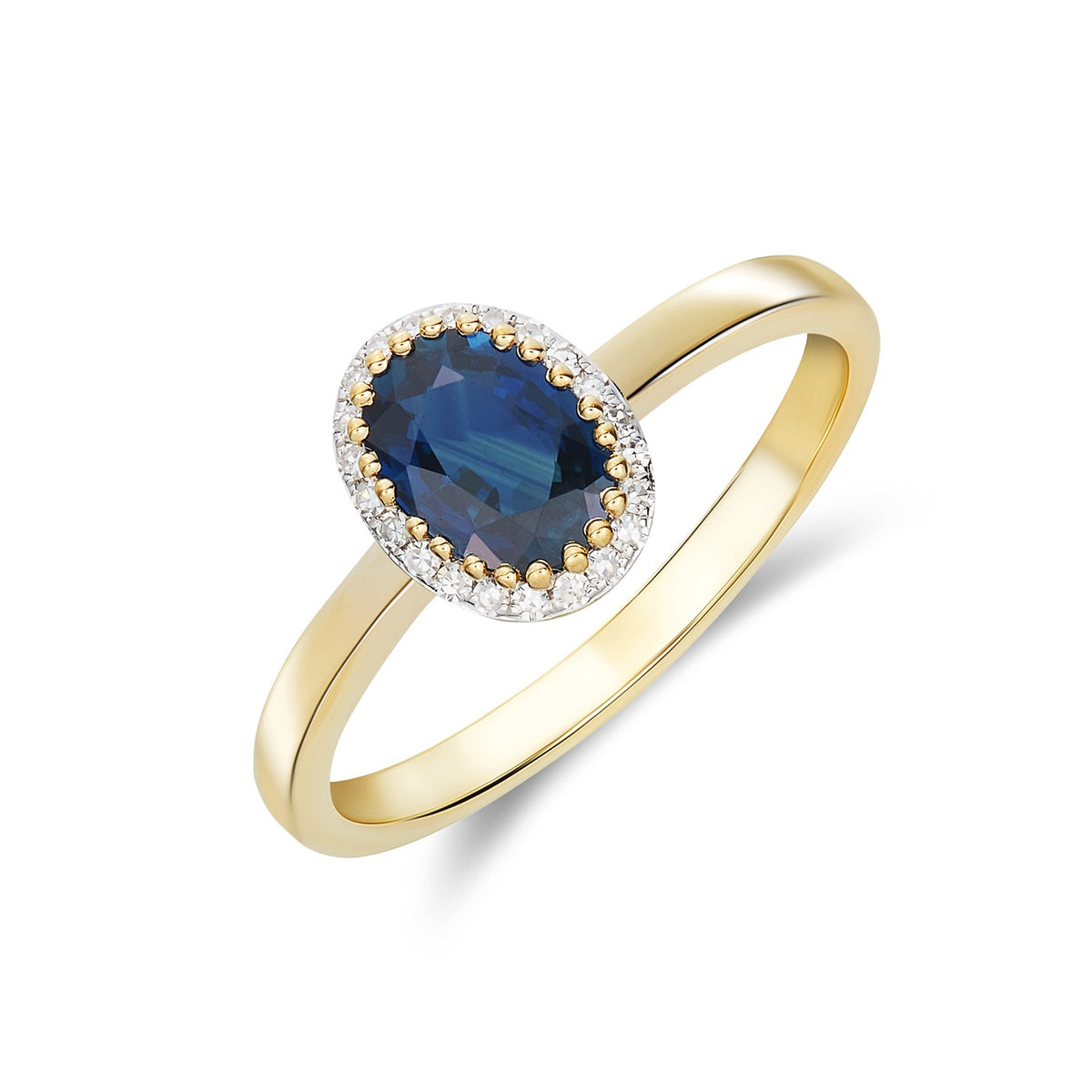9CT YELLOW GOLD OVAL SAPPHIRE AND ROUND DIAMOND CLAW SET CLUSTER RING. RHODIUM TO DIAMONDS