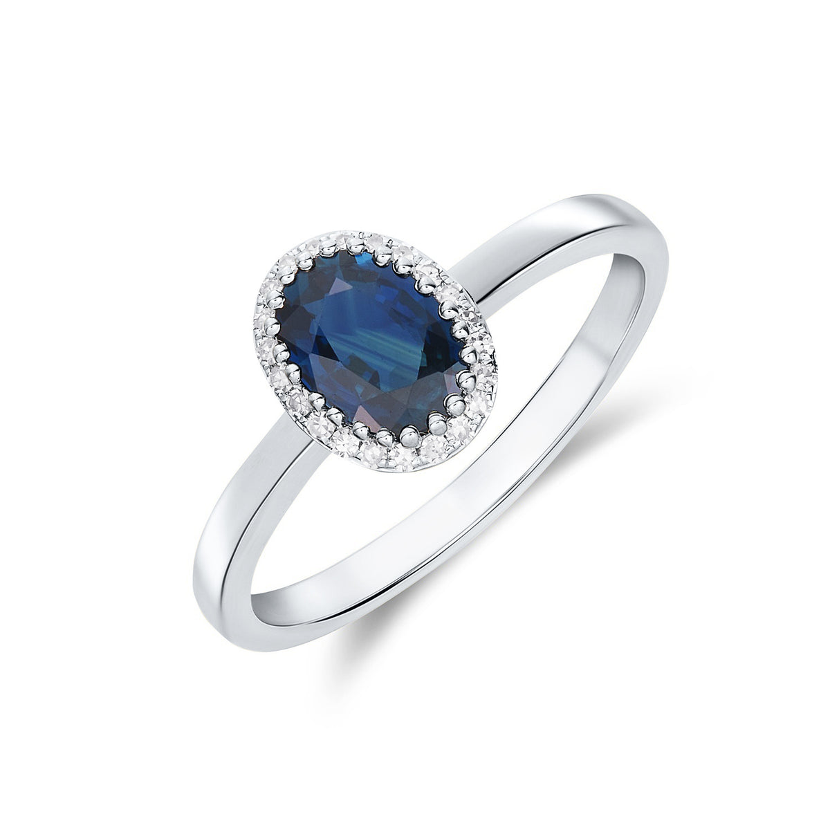 9CT WG 7X5 OVAL SAPPHIRE AND ROUND DIAMOND CLAW SET CLUSTER RING
