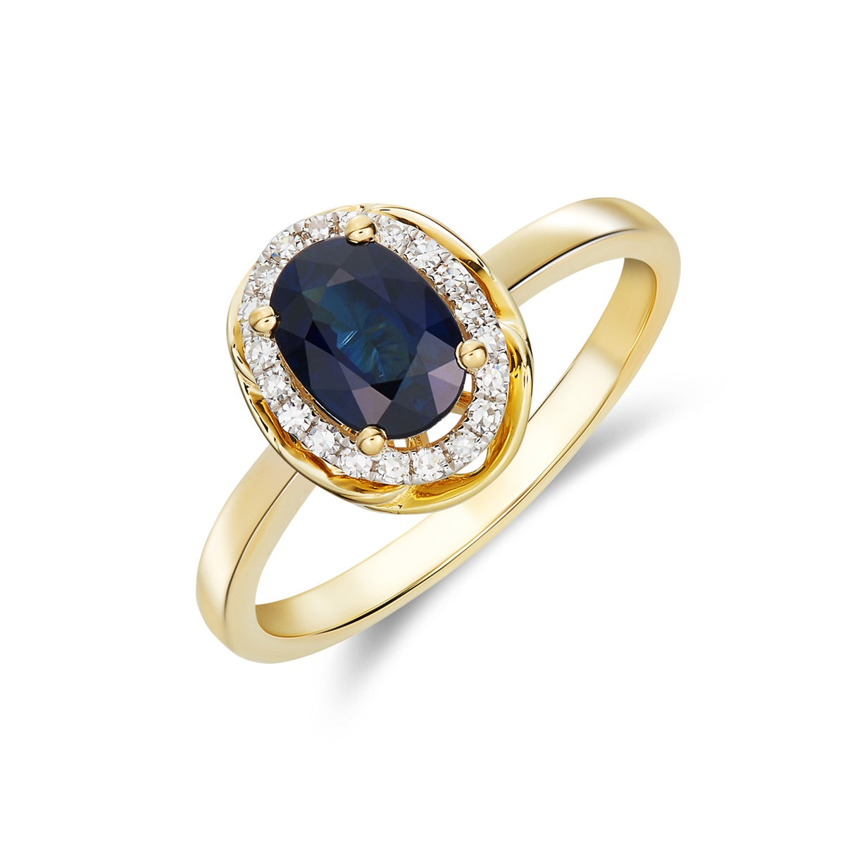 9CT YG 7X5 OVAL SAPPHIRE & DIAMOND CLUSTER RING WITH ROPE EDGE. RHODIUM TO DIAMONDS