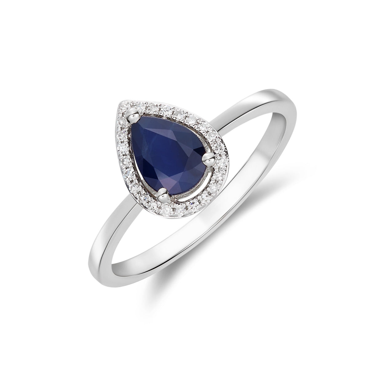 9CT WG 7X5 PEARSHAPE SAPPHIRE & DIAMOND HALO CLAW CLUSTER RING