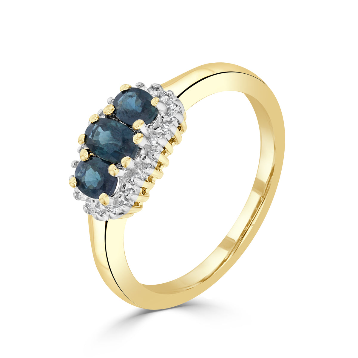 9CT YG OVAL SAPPHIRE AND DIAMOND TRIPLE CLUSTER RING. RHODIUM TO DIAMONDS