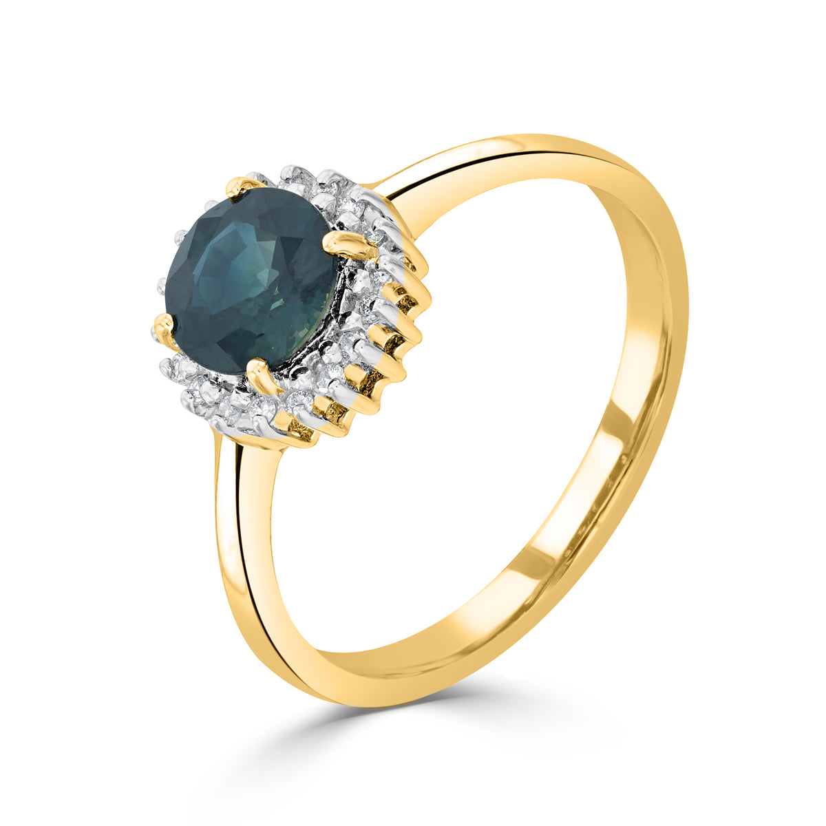 9CT YG 6MM ROUND SAPPHIRE & DIAMOND CLAW SET CLUSTER RING. RHODIUM TO DIAMONDS