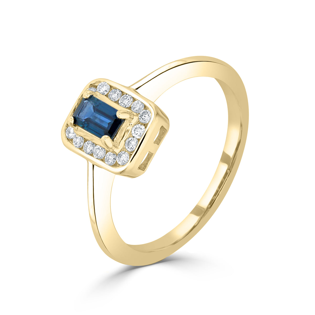 9CT YG CLAW SET 5X3 OCTAGON SAPPHIRE AND CHANNEL SET ROUND DIAMOND CLUSTER RING