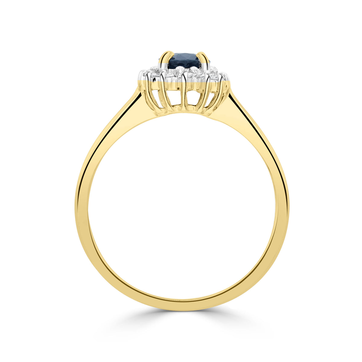 9CT YG 7X5 OVAL SAPPHIRE & DIAMOND CLAW SET CLUSTER RING. RHODIUM TO DIAMONDS