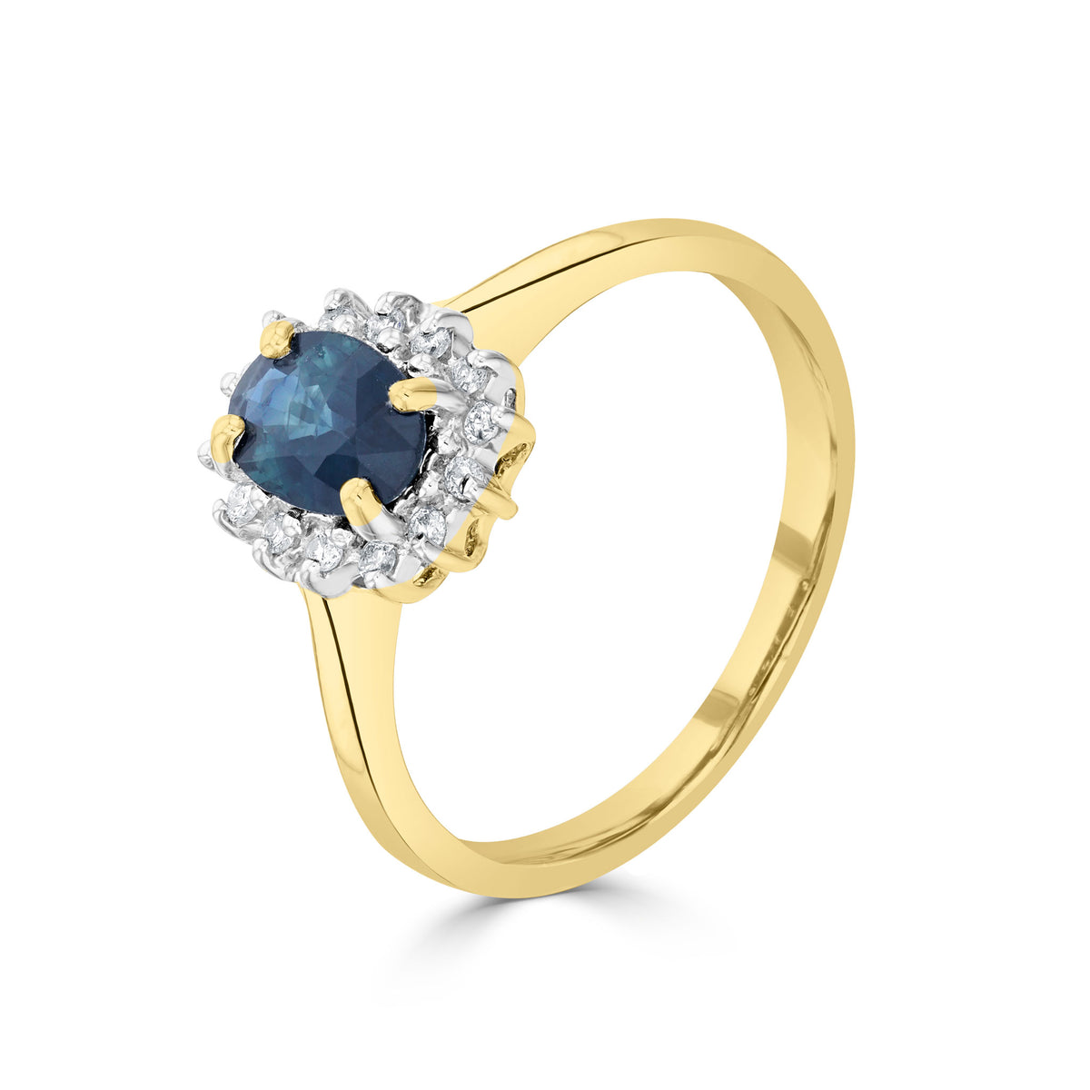 9CT YG 7X5 OVAL SAPPHIRE & DIAMOND CLAW SET CLUSTER RING. RHODIUM TO DIAMONDS
