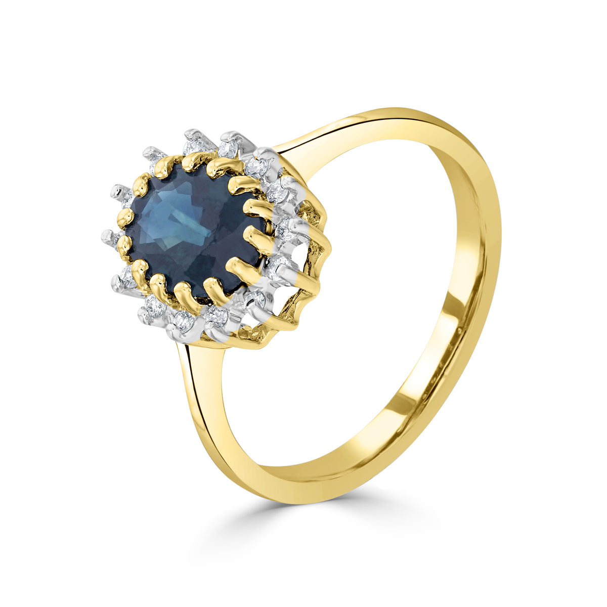 9CT YG 8X6 OVAL SAPPHIRE & DIAMOND CLAW SET CLUSTER RING. RHODIUM TO DIAMONDS