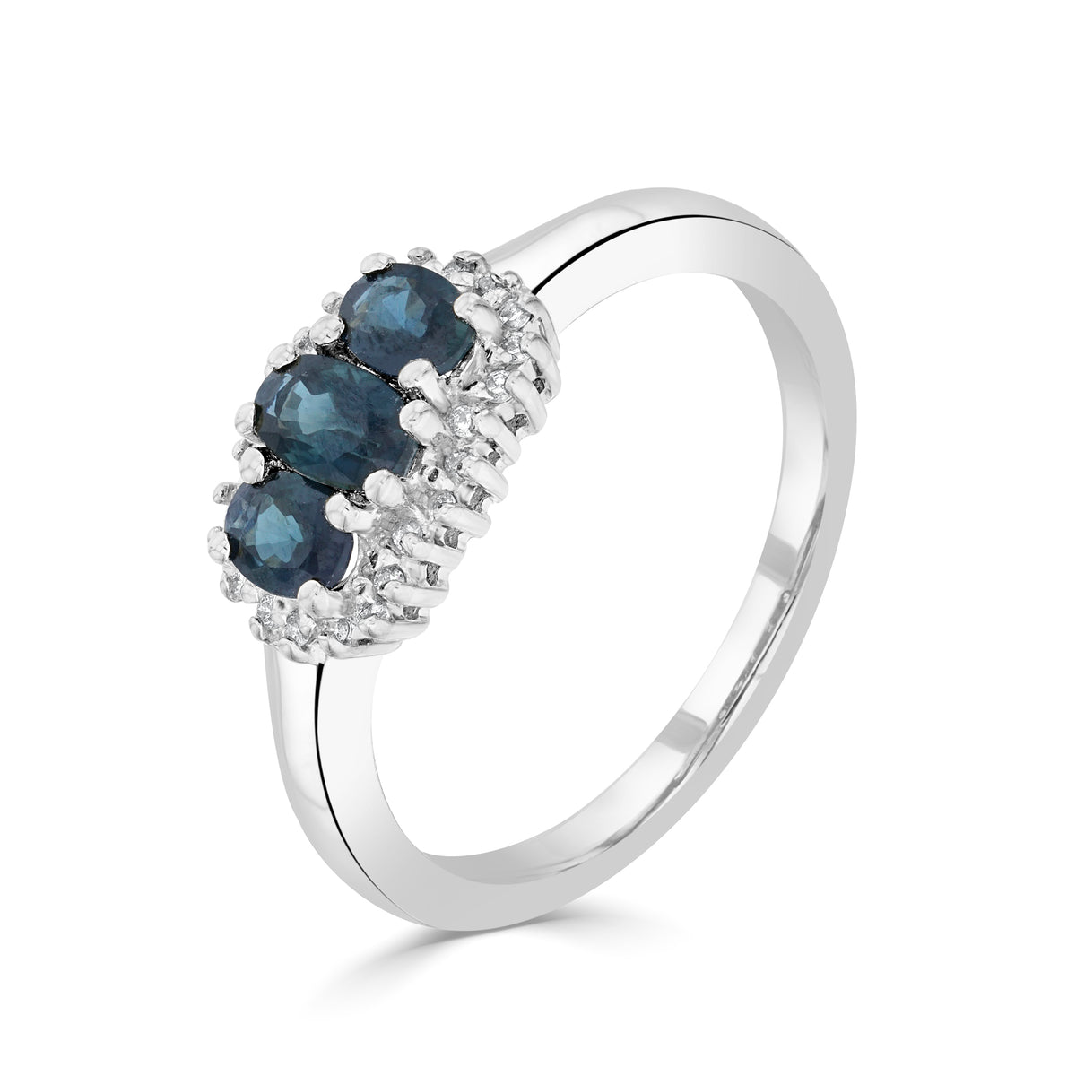 9CT WG OVAL SAPPHIRE AND DIAMOND TRIPLE CLUSTER RING