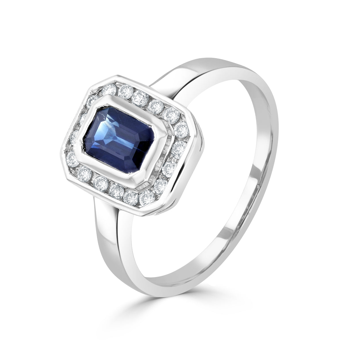 9CT WG RUBOVER 6X4 OCTAGON SAPPHIRE & CHANNEL SET DIAMOND CLUSTER RING