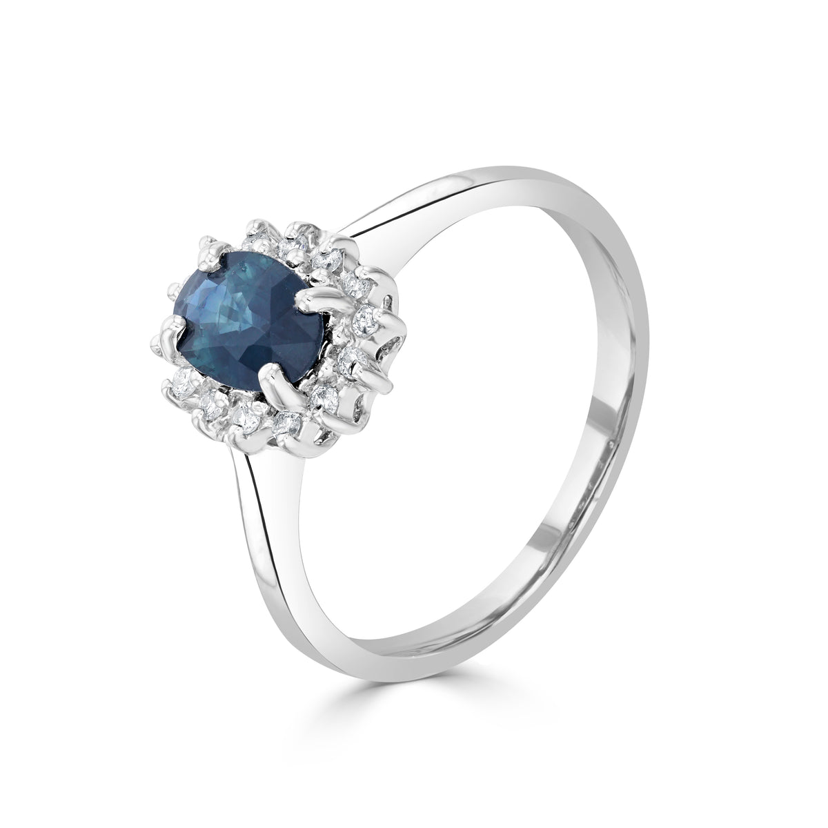 9CT WG 7X5 OVAL SAPPHIRE & DIAMOND CLAW SET CLUSTER RING.