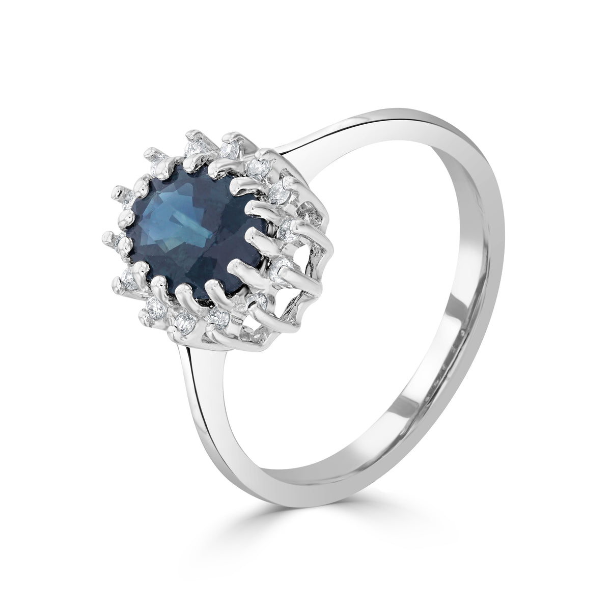 9CT WG 8X6 OVAL SAPPHIRE & DIAMOND CLAW SET CLUSTER RING.