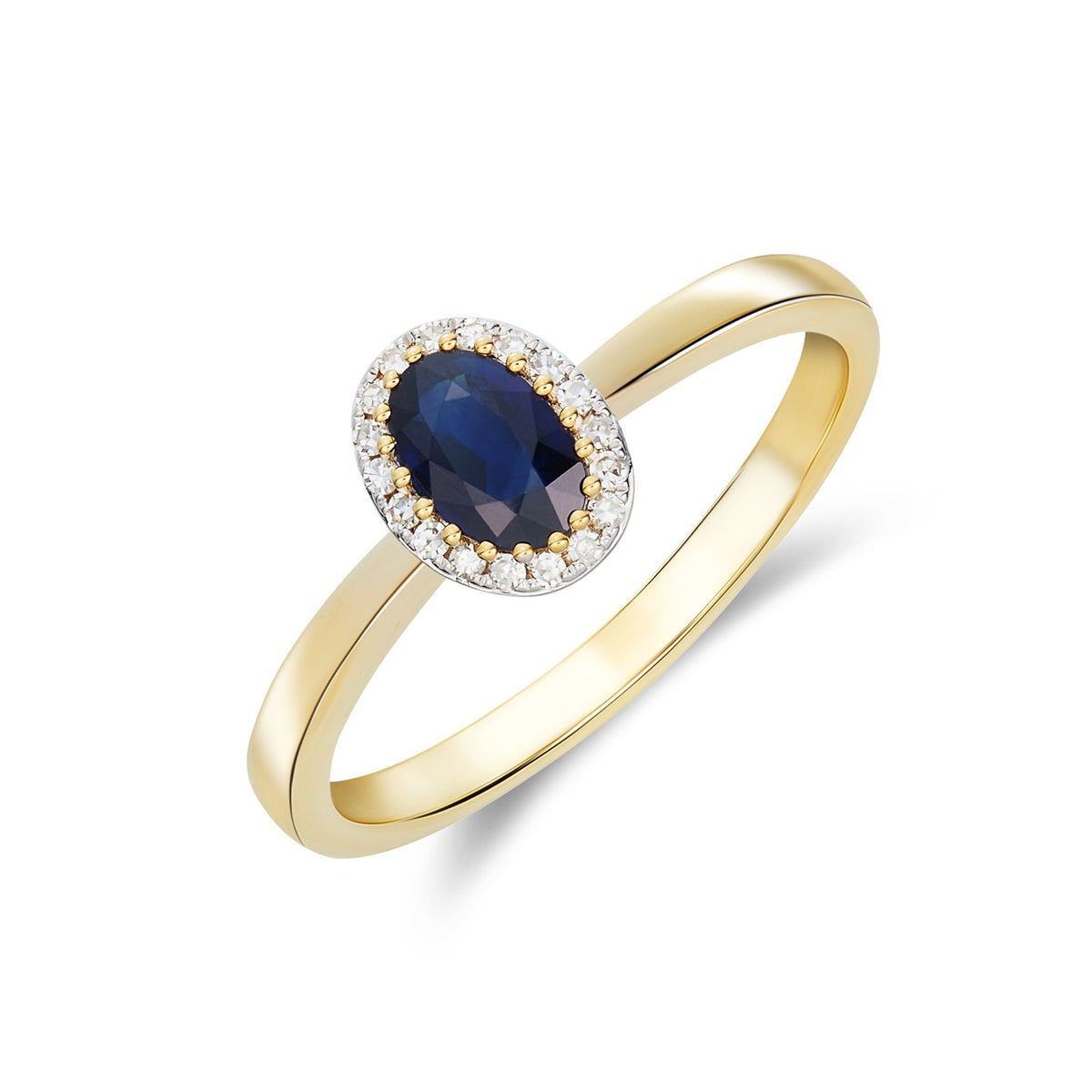 9CT YELLOW GOLD OVAL SAPPHIRE AND DIAMOND CLAW CLUSTER RING