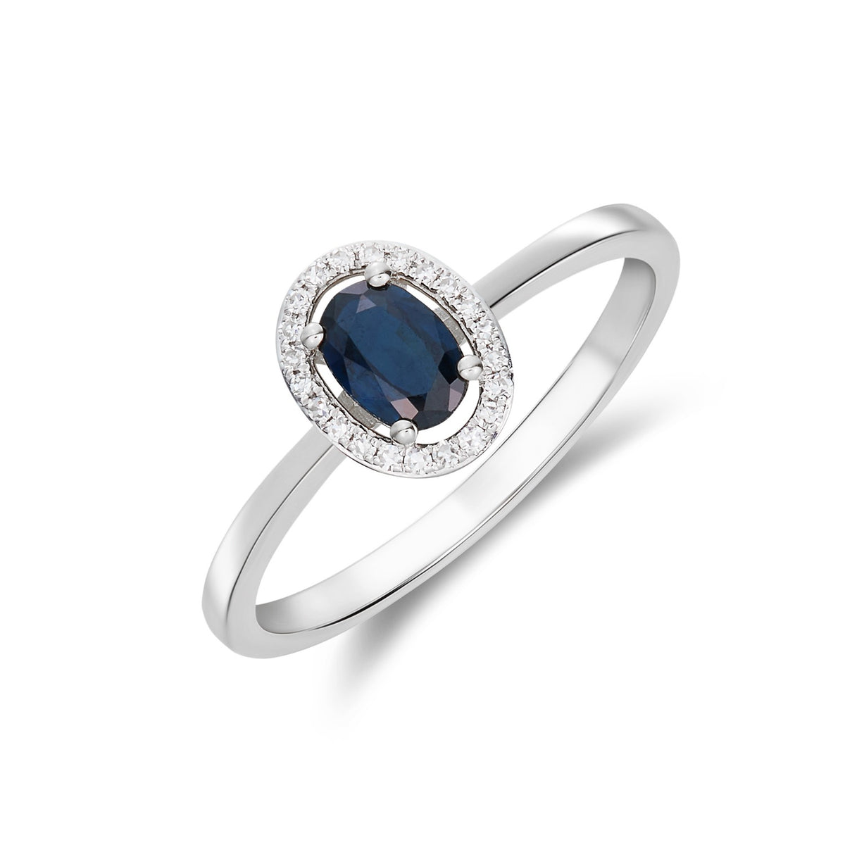 9CT WG 6X4 OVAL SAPPHIRE AND ROUND DIAMOND HALO CLUSTER RING