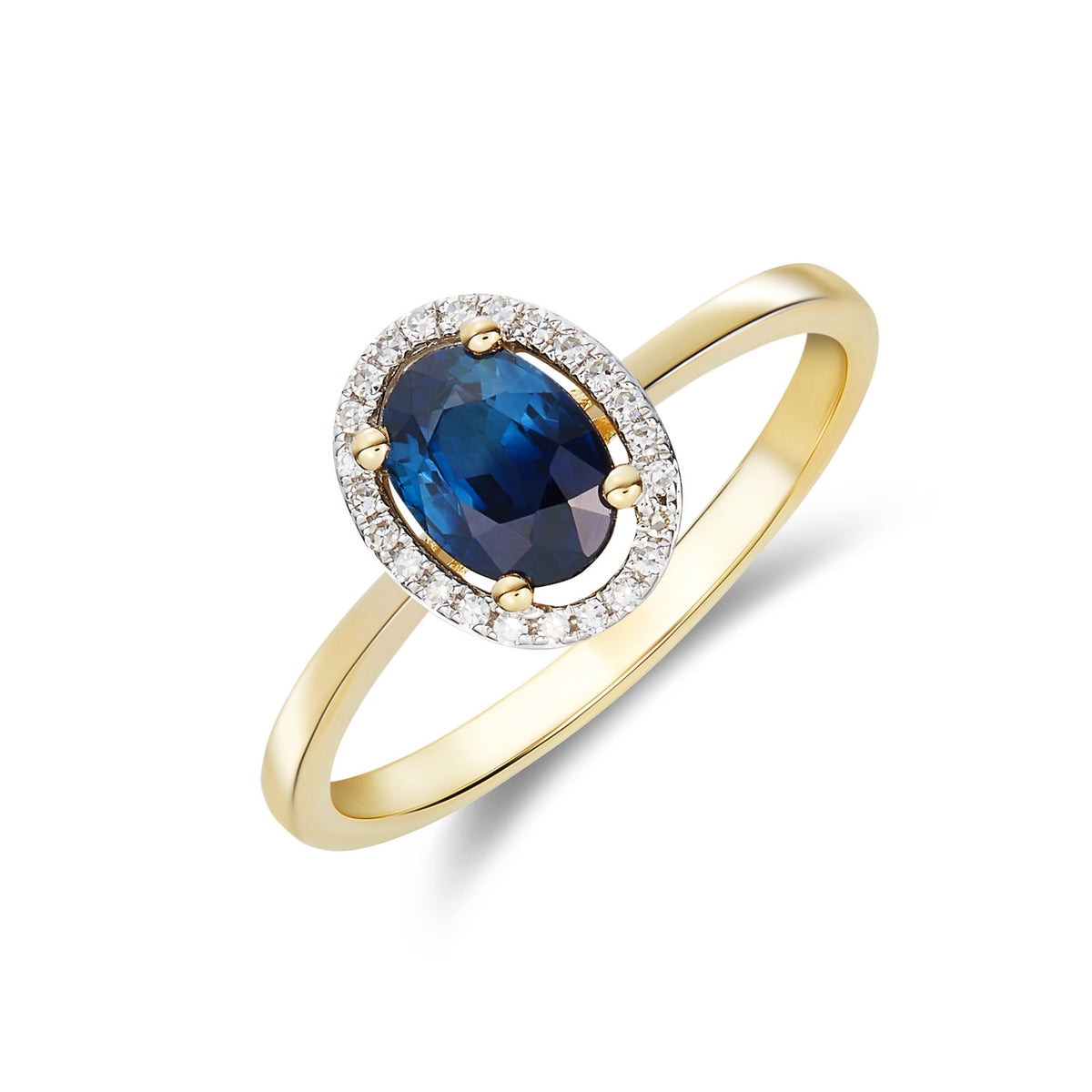 9CT YG 7X5 OVAL SAPPHIRE & ROUND DIAMOND HALO CLUSTER RING. RHODIUM TO DIAMONDS