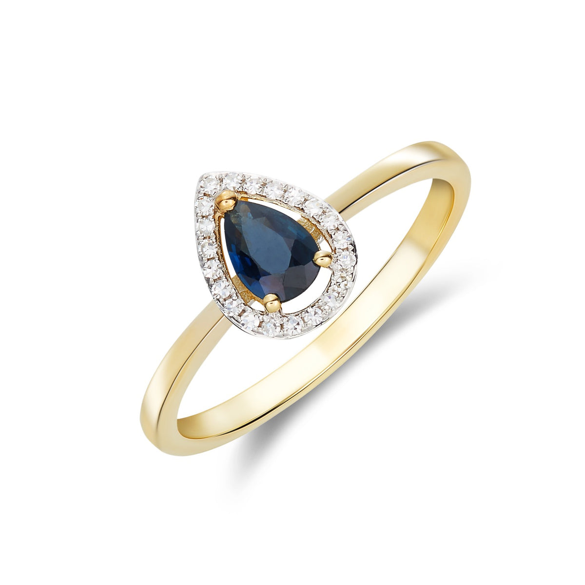 9CT YG 6X4 PEARSHAPE SAPPHIRE & DIAMOND HALO CLAW CLUSTER RING. RHDOIUM TO DIAMONDS