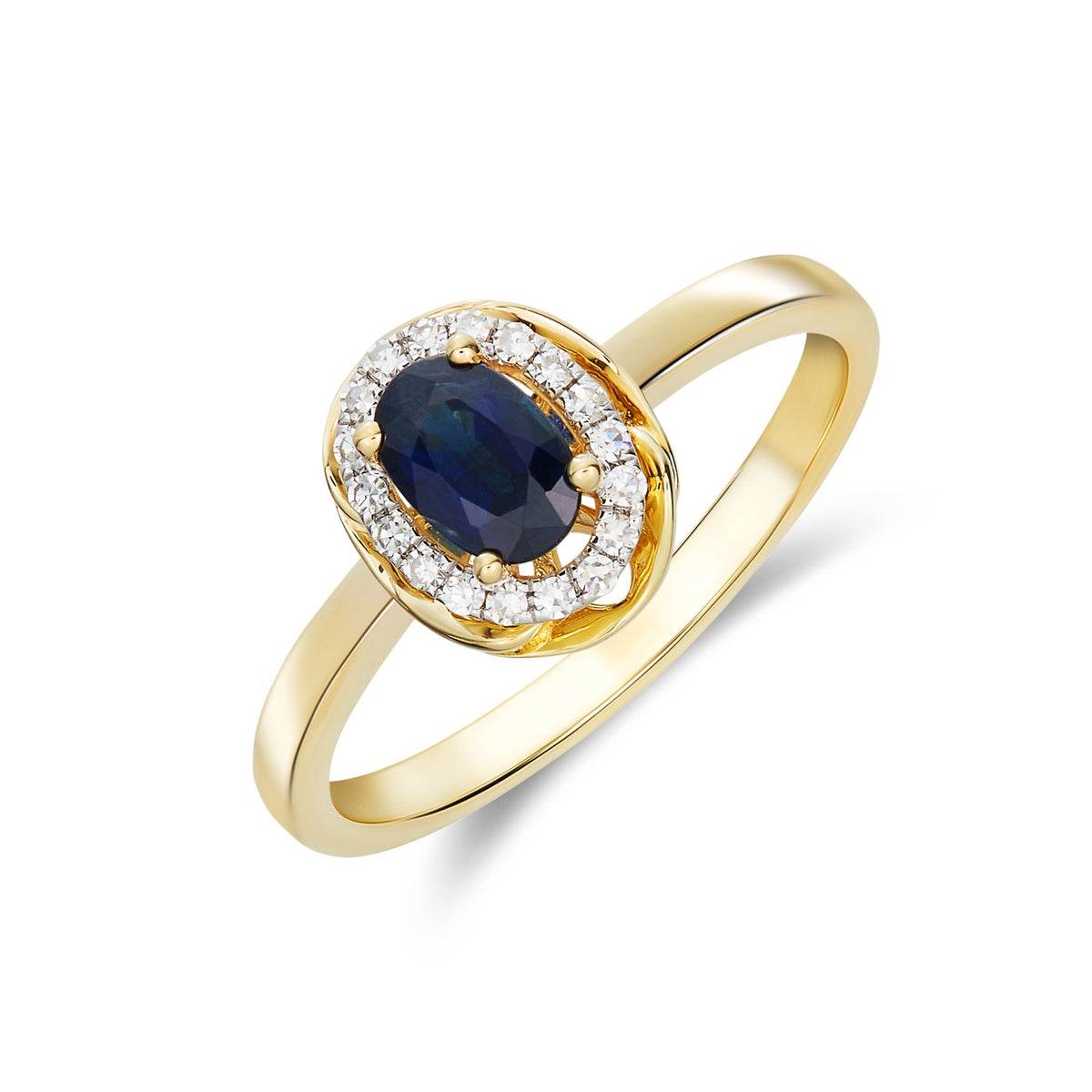 9CT YG 6X4 OVAL SAPPHIRE & DIAMOND CLUSTER RING WITH ROPE EDGE. RHODIUM TO DIAMONDS