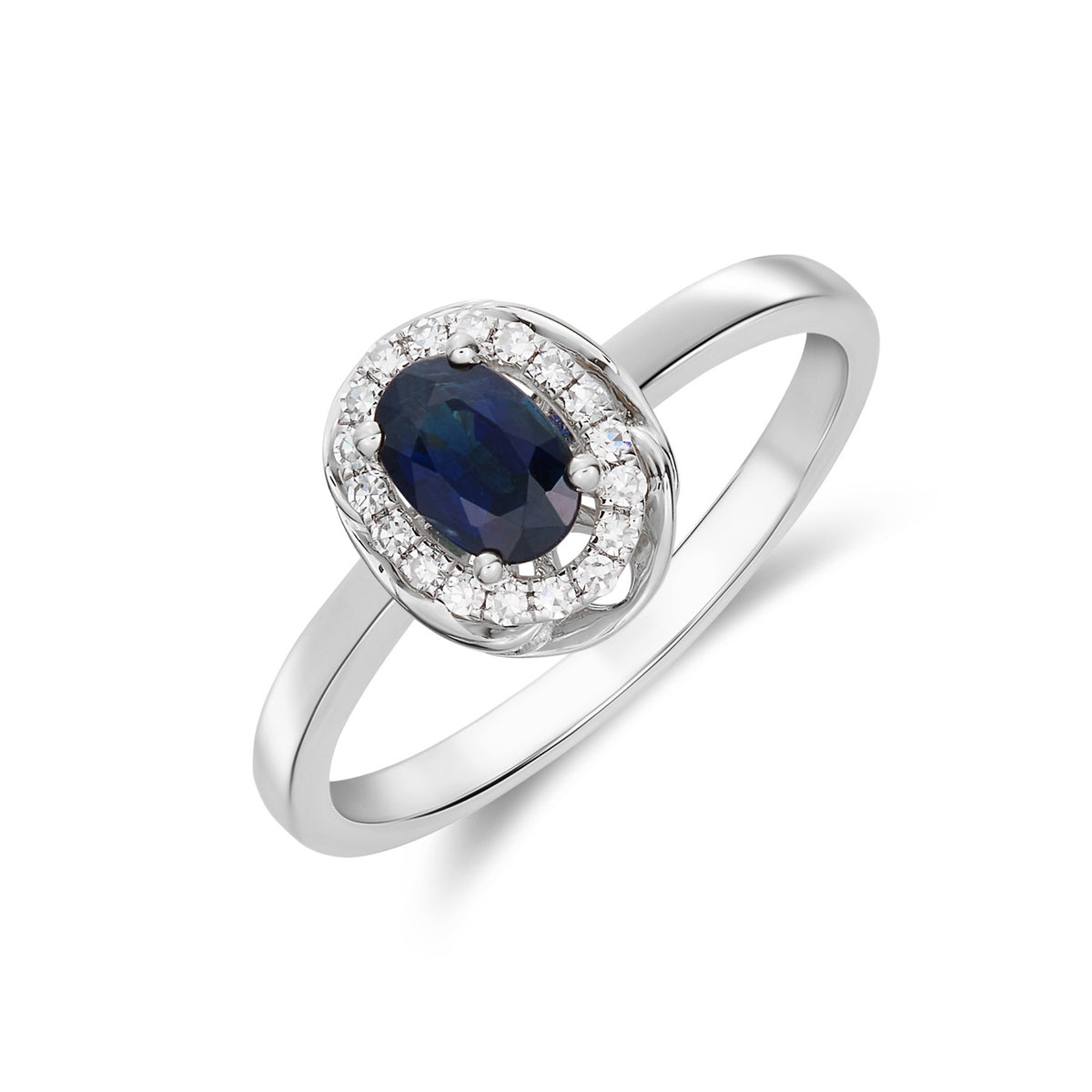 9CT WG 6X4 OVAL SAPPHIRE & DIAMOND CLUSTER RING WITH ROPE EDGE