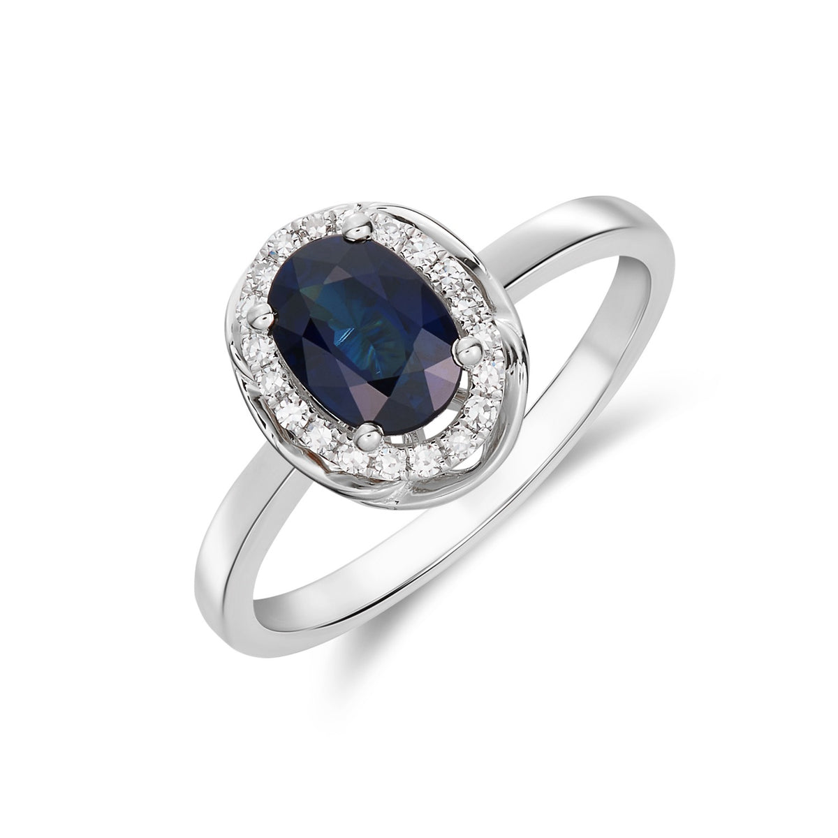 9CT WG 7X5 OVAL SAPPHIRE & DIAMOND CLUSTER RING WITH ROPE EDGE