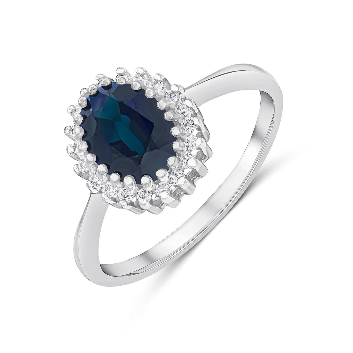 9CT WG 8X6 OVAL SAPPHIRE & DIAMOND CLAW SET CLUSTER RING