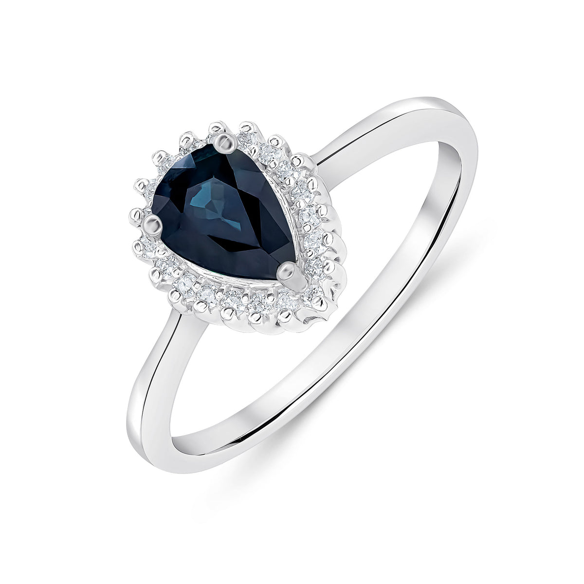 9CT WG 7X5MM PEARSHAPE SAPPHIRE & DIAMOND CLAW SET CLUSTER RING