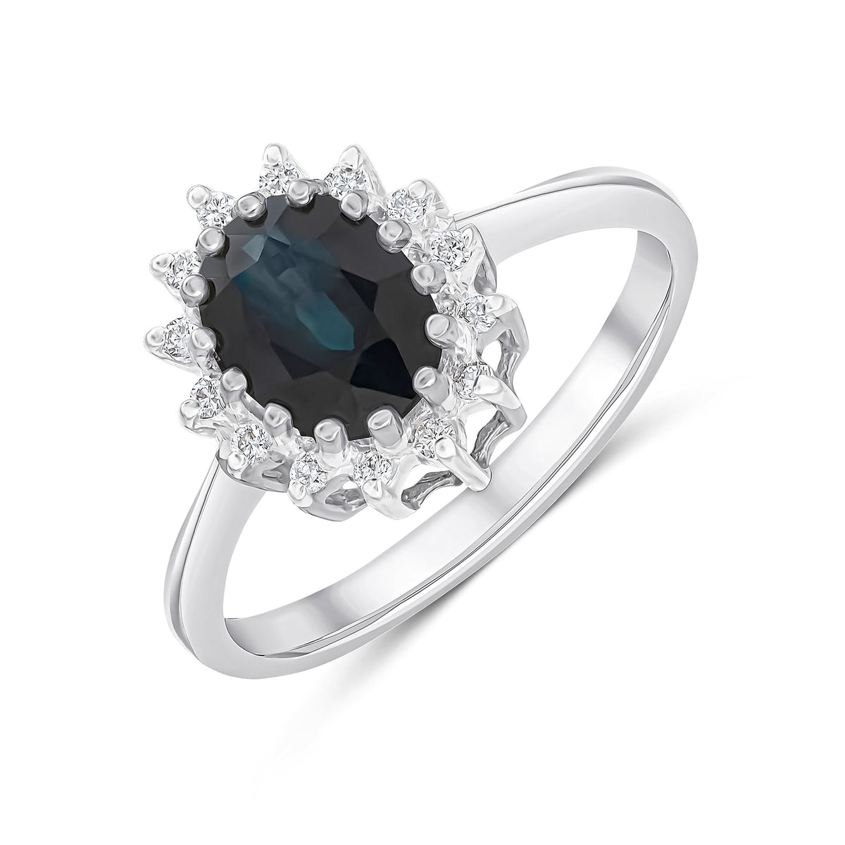9CT WG 8X6 OVAL SAPPHIRE & DIAMOND CLAW SET CUSTER RING