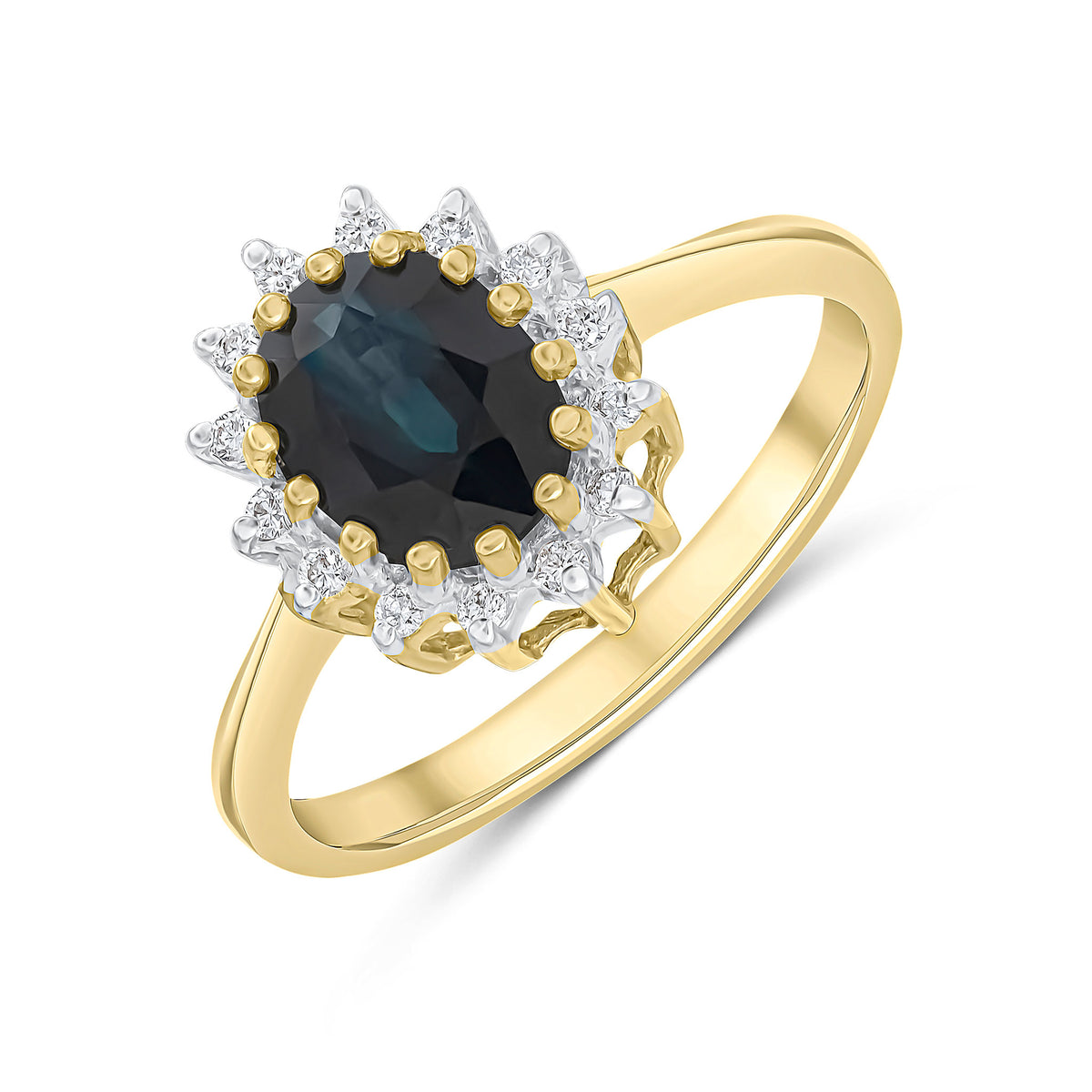 9CT YG 8X6 OVAL SAPPHIRE & DIAMOND CLAW SET CUSTER RING. RHODIUM TO DIAMONDS
