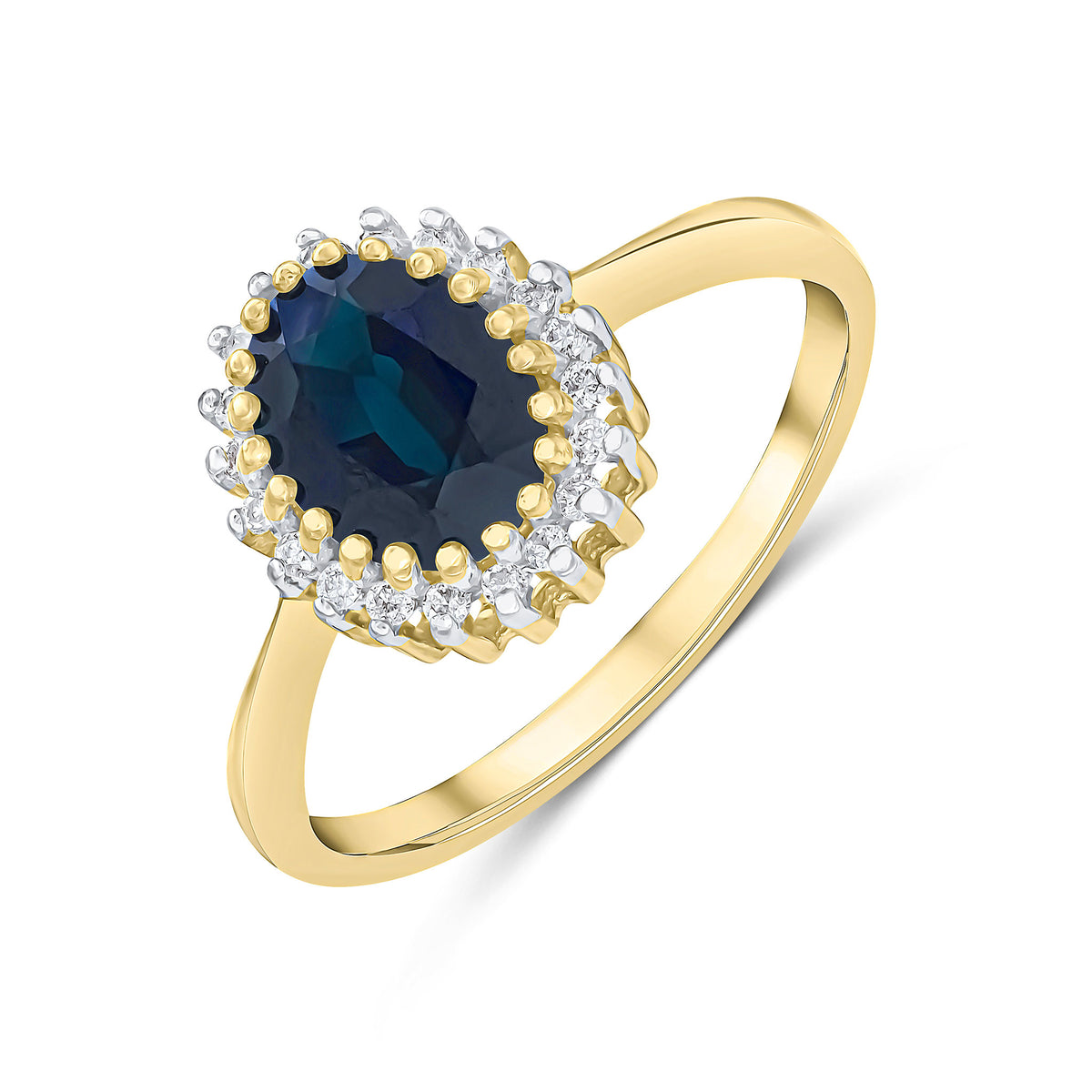 9CT YG 8X6 OVAL SAPPHIRE & DIAMOND CLAW SET CLUSTER RING. RHODIUM TO DIAMONDS