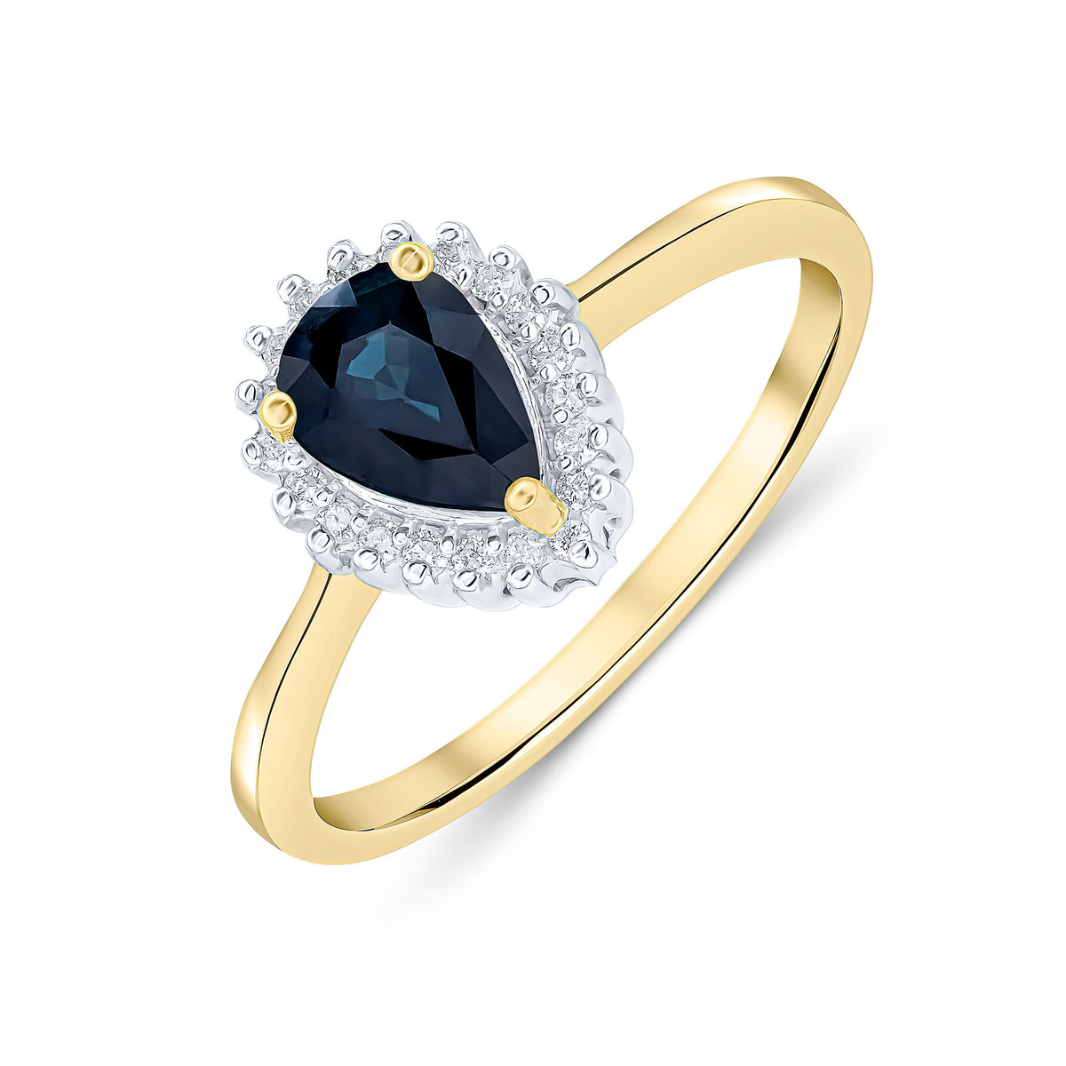 9CT YG 7X5MM PEARSHAPE SAPPHIRE & DIAMOND CLAW SET CLUSTER RING. RHODIUM TO DIAMONDS