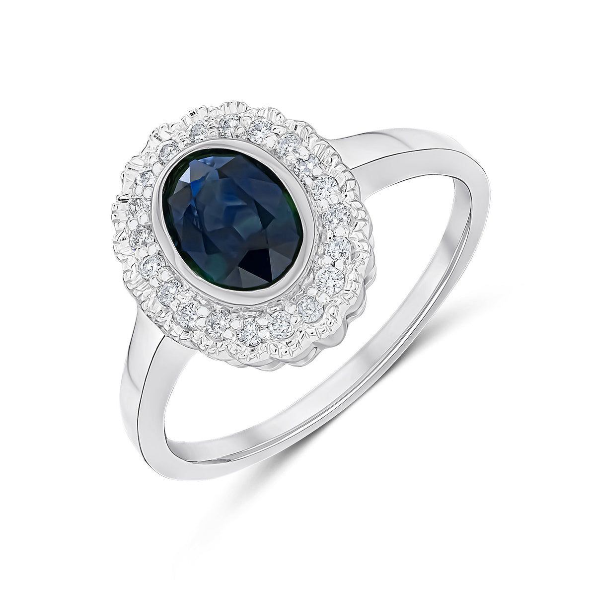 9CT WHITE GOLD RUBOVER OVAL SAPPHIRE AND MILLEGRAIN ROUND DIAMOND CLUSTER RING