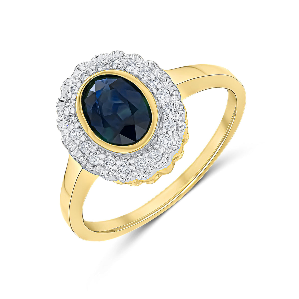 9CT YELLOW GOLD RUBOVER OVAL SAPPHIRE AND MILLEGRAIN ROUND DIAMOND CLUSTER RING. RHODIUM TO DIAMONDS