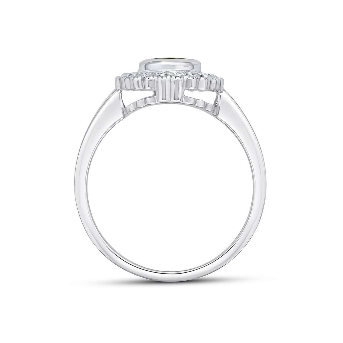9CT WHITE GOLD ROUND RUBOVER SAPPHIRE AND MILLEGRAIN ROUND DIAMOND CLUSTER RING