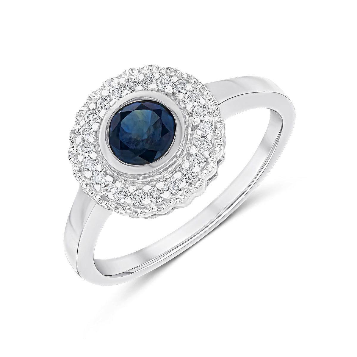9CT WHITE GOLD ROUND RUBOVER SAPPHIRE AND MILLEGRAIN ROUND DIAMOND CLUSTER RING